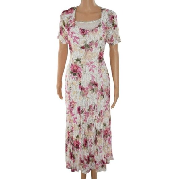 Vintage 90s Sheer Floral Dress Lace Sweeping CottageCore Festival Cream Pink Max - Picture 1 of 9